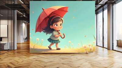 little girl and umbrella cartoon Wall mural