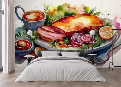 realistic Watercolor Food Illustration Wall mural