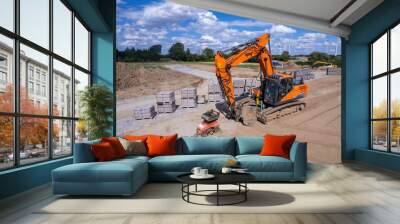 a tracked excavator is used to work the soil in a new residential area Wall mural