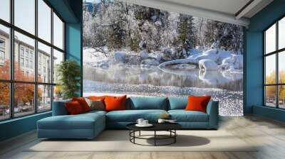 morning icy lake in a wild forest covered with deep snow; winter fairy tale Wall mural