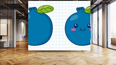 Cute kawaii blueberry character. Vector illustration on blue cage background. Wall mural