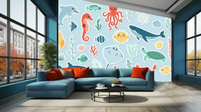 Сute sea life sticker set. Shark, dolphin, seahorse, turtle, starfish, sea urchin, whale, jellyfish, fish, octopus, crab. Cartoon vector illustration Wall mural