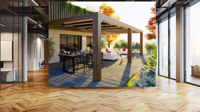 3d illustration of decor outdoor patio with teak wood pergola Wall mural