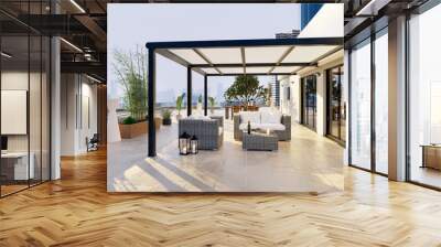 3D illustration of luxury top floor apartment terrace with pergola Wall mural