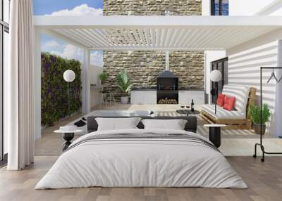 3D render of modern urban patio with white pergola and jacuzzi. Wall mural