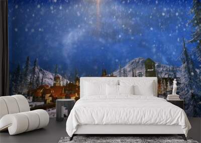 3d render of snow scene of small mountain village at dawn. Wall mural