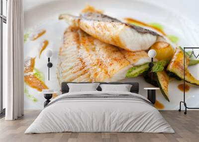 grilled turbot fish with vegetables. Wall mural