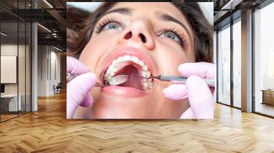 Woman with open mouth at dental check up Wall mural