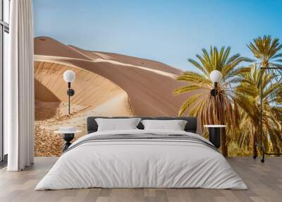 Desert landscape with sand dunes with palm trees.
 Wall mural