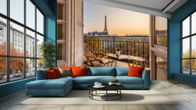 beautiful paris balcony at sunset with eiffel tower view  Wall mural