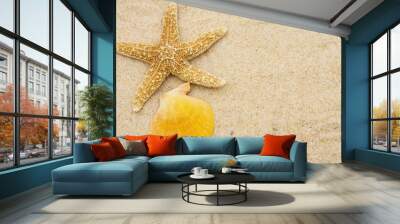 starfish with seashell on sand. starfish border Wall mural