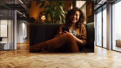 woman sitting on sofa with a mobile phone Wall mural