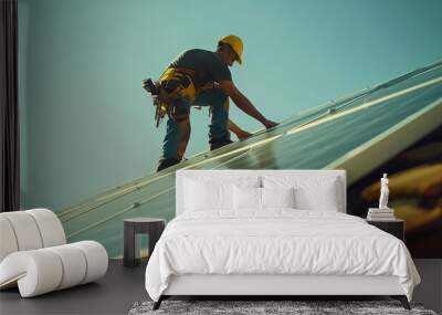 Worker installing solar panels on a roof. Wall mural