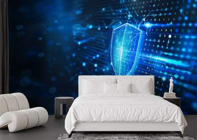 Abstract digital connectivity concept with glowing protective shield symbol on blue background Wall mural