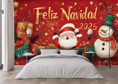 Anuncio ilustracion de feliz navidad 2025, fondo rojo con regalos, muneco de nieve y un Santa Claus. Wall mural