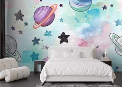 illustration of stars and planets watercolor cute pastel wallpaper with white background Wall mural