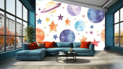 illustration of stars and planets watercolor cute pastel wallpaper with white background Wall mural