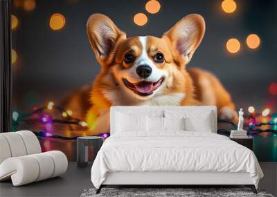 Joyful, playful, beautiful cute miniature Welsh Corgi  twinkling christmas lights wrapped around, bokeh lights at background Wall mural