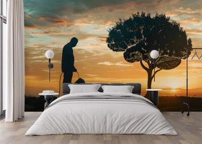 Silhouette of a man watering the tree plant in the shape of the human brain in a sunset. Mind and knowledge growth concept, creativity and improvement, optimistic intellect and education. Wall mural