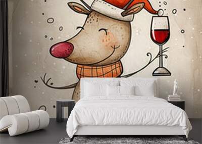 Dancing reindeer with wine Wall mural