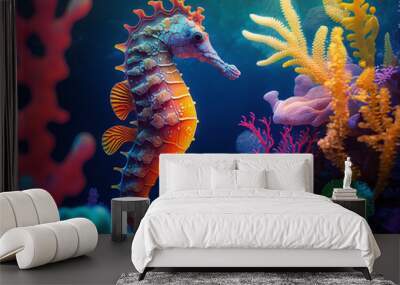 Sea horse in vibrant coral reef Wall mural