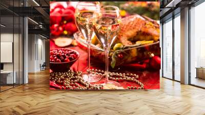 Christmas themed dinner table with christmas duck and champagner   Wall mural