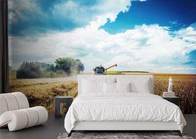 Combine harvesters Agricultural machinery. The machine for harvesting grain crops. Wall mural