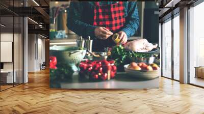 Man preparing delicious and healthy food in the home kitchen for christmas (Christmas Duck or Goose) Wall mural