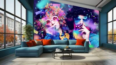 Portrait of party Men and woman in wig and glasses Carneval  Wall mural