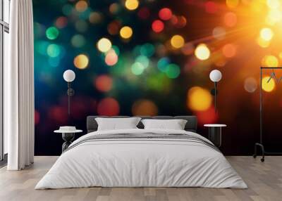 blur light overlay lens flare filter defocused sparkles festive gleam leak bokeh rainbow orange red blue green color rays glow on dark night abstract background Wall mural