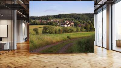 Small village of Potzbach, Germany from a dirt country road surrounded by fields. Wall mural