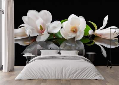 white magnolia flowers on a reflective water surface on black background 21 to 9 aspect ratio generative ai Wall mural