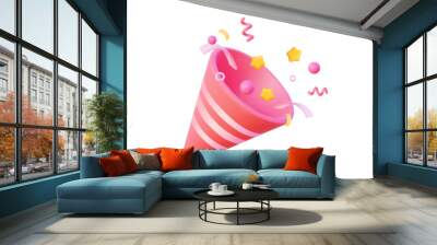 3d icon emoji party popper with confetti. Celebrate birthday. 3d vector illuatration. Wall mural