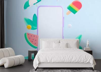 Online summer sale. A mobile phone mockup with a beach ball, watermelon, ice cream and a beach umbrella. 3d rendering Wall mural