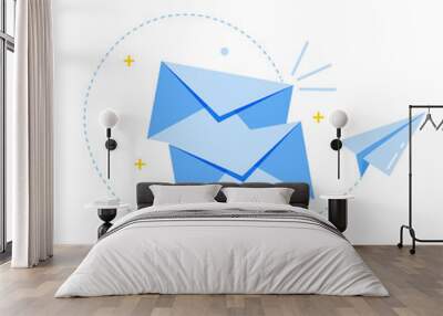 Vector envelope icon and paper airplane. The postal envelope is blue. Illustration of an envelope in a cartoon style. Email marketing Wall mural