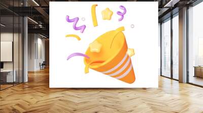 Yellow Party Popper Emoji icon with confetti. illustration of 3d rendering. Wall mural