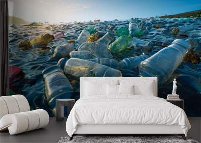 Lot plastic garbage floating on the water. Environment and ocean pollution concept. Wall mural