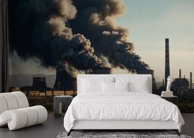 thick black smoke billows from industrial chimneys and cooling towers of a power plant, depicting se Wall mural