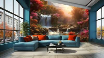 beautiful waterfall in the forest with the sun shining wallpaper Wall mural