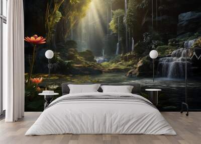 beautiful waterfall in the jungle with the sun shining and some lotus flowers Wall mural