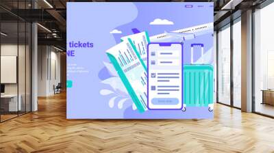 Book your flight online: web design concept. Flat vector illustration with floral elements, can be used for banner, hero images. Buy tickets, check in on-line or using mobile application. Wall mural