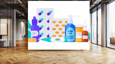 Different types of medicaments, drugs, pills and bottles. Flat vector illustration isolated on white. Healthcare items.  Wall mural