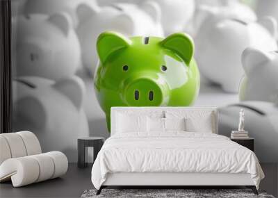 Green piggy bank surrounded by white piggy banks on a bright surface Wall mural