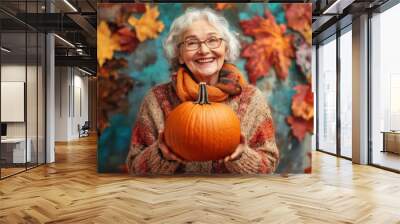 Happy Senior Woman Holding a Pumpkin
 Wall mural