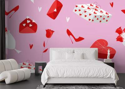 Bright romantic vector seamless pattern for valentine's day. Flat red and white elements isolated on pink background.  Wall mural