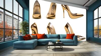 Vector set of metallic pumps. Gold high heel shoes isolated on white background. Wall mural