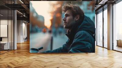 Man on bike enjoying sunset in a city street during autumn Wall mural