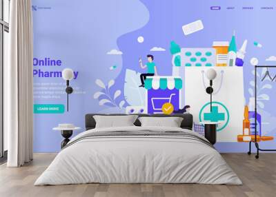 Online pharmacy site design concept. Flat vector illustration with small characters for web site design, banner, landing page. Buy medicaments and drugs online. E-commerse site design. Wall mural