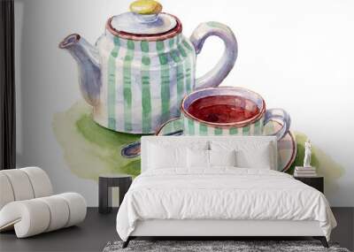 Watercolor hand-drawn tea set on white background Wall mural