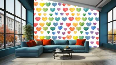 Watercolor seamless texture (pattern) with hearts for Valentine's day on the white background (isolated) Wall mural